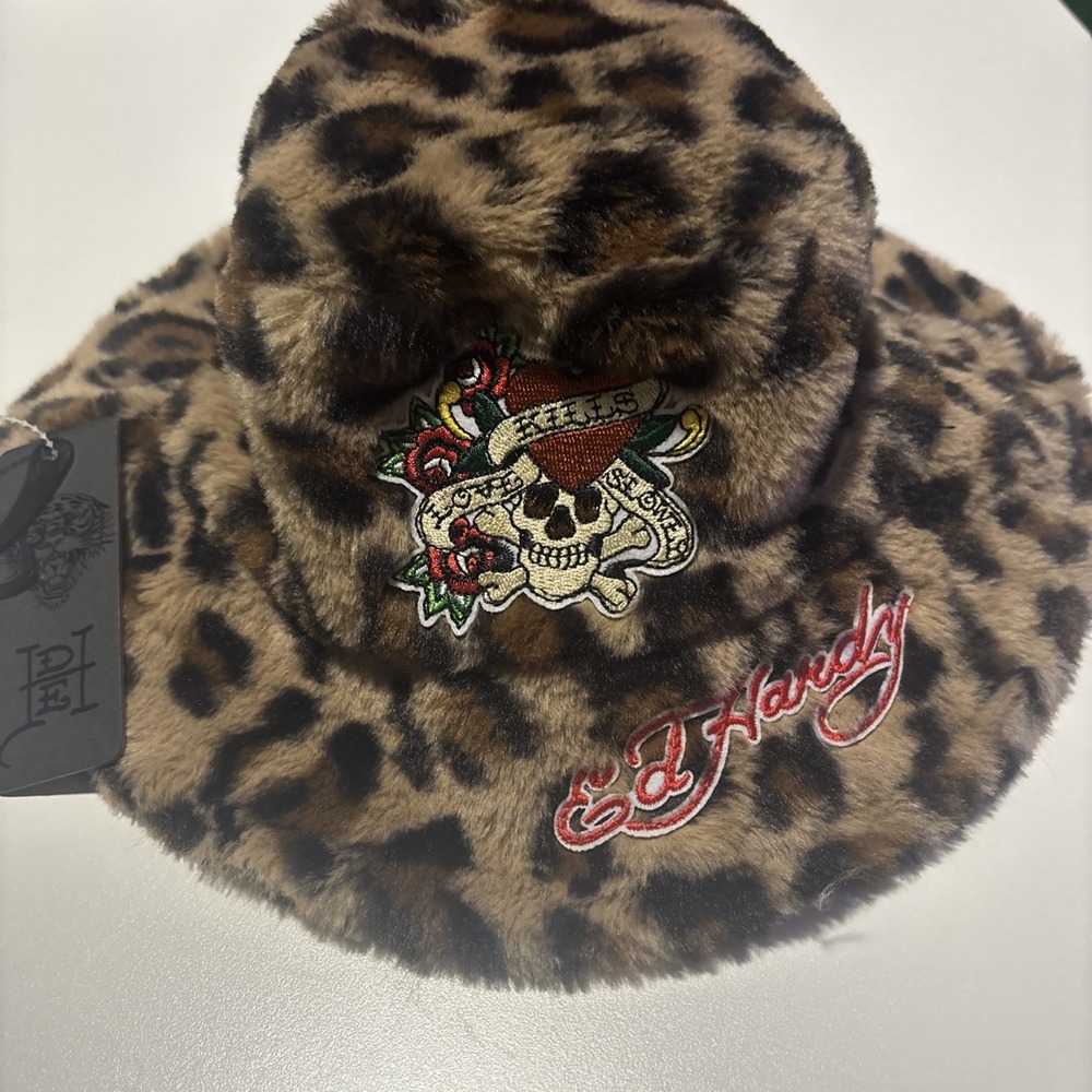 ED HARDY TATTOO Love Kills Slowly WOMENS FAUX FUR LEOPARD BUCKET HAT Y2K